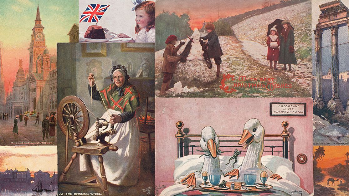 NewberryLibrary's tweet photo. Now available to one &amp; all: a digital archive of 26k early 20thC British #postcards from our collection. Most are "Oilettes," reproductions of oil paintings feat. landscapes, city streets, &amp; children admiring the Union Jack on a figgy pudding. https://t.co/Kf4hnbNxgo https://t.co/xC7vRE0tID