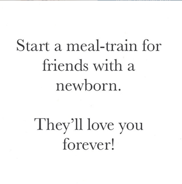 From @postpartumsupportformoms
Creating a Meal-Train for new parents is such a great idea. It’s truly helpful, whether you are a brand spanking new parent or transitioning to a family of 3 or 4 or 5. It is so nice to not have to worry about food for a few weeks. Right? #mealtrain