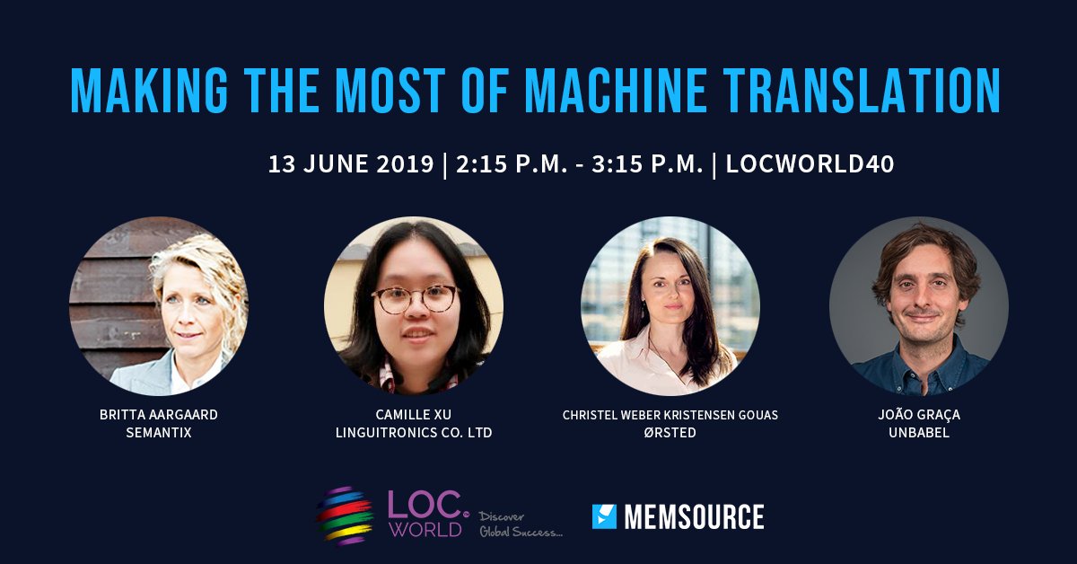 PhrasePlatform's tweet image. 24 hours until the MT panel begins! Don&apos;t miss @britta_aagard (@Semantix_sv) Camille Xu (Linguitronics), Christel Weber Christensen Gouas (@Orsted), and @gracaninja (@Unbabel) discuss how to make the most of MT in room F5-7 #machine_translation #Locworld40 #memsource
