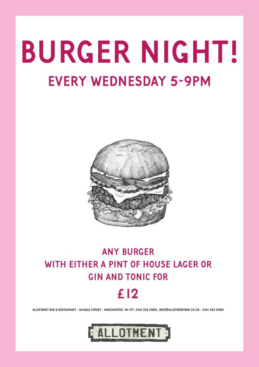 ****BURGER NIGHT!!****

It's Wednesday you know what that means!

Get an exploding cheese burger or a battered cauliflower burger, gin &amp; tonic or house lager for just £12!

#burgernight #wednesdaymotivation #specials #foodoffers #burgers #burgerholic #burgeroffers #burgermania