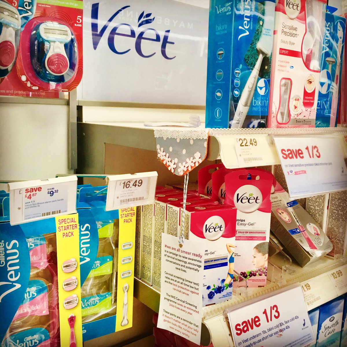 hbakerdesign's tweet photo. Pants bombing among hair removal products in Boots for #NationalCervicalScreeningAwarenessWeek (June 10-16th) spreading the message that you don't have to be beach ready to be smear ready. #weareallsmearready #craftivism #guerillamarketing https://t.co/8mGhvQSFWS