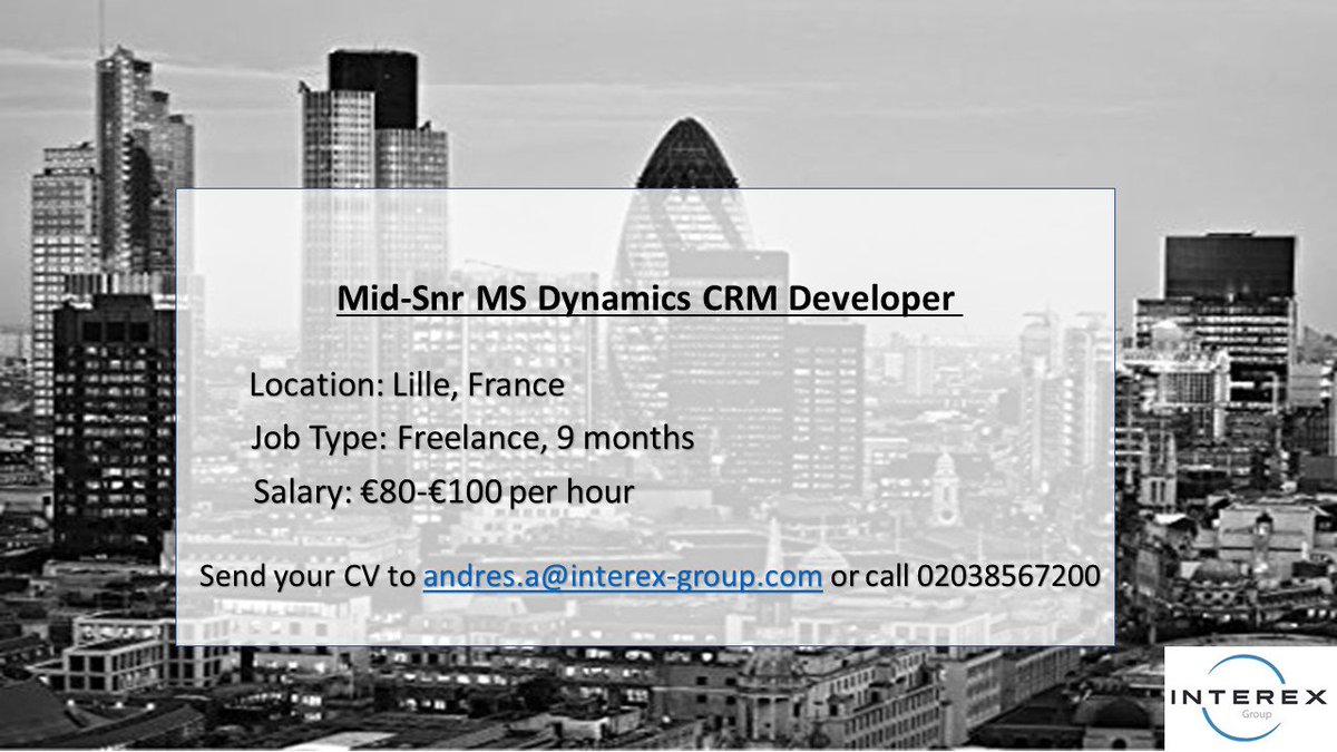 NEW JOB ALERT - please email andres.a@interex-group.com to find out more