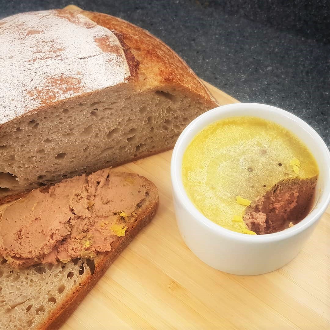 SecretSunLunch's tweet photo. First time making Sourdough. Served up with Foie Gras Parfait; first time I've make that too. Together they're utterly scrumptious. 
#parfait #pate #foisgras #sourdough #starter https://t.co/GkGE29oihj