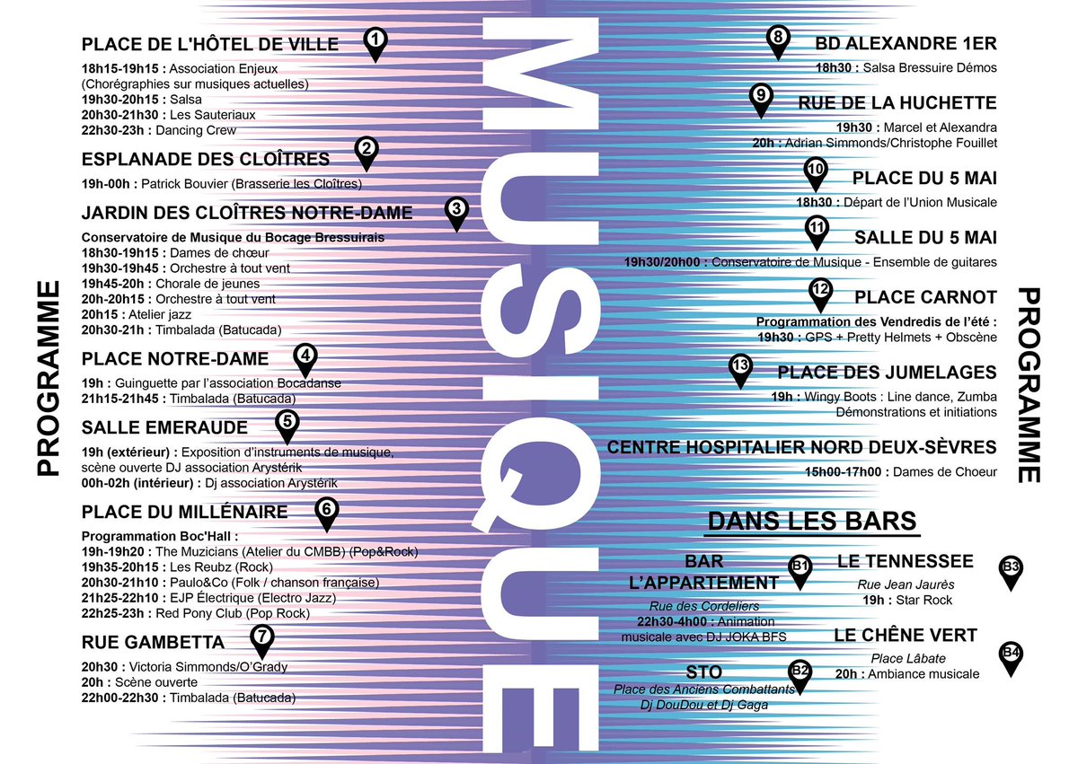 VilleDBressuire's tweet photo. #Bressuire #FeteDeLaMusique Le PROGRAMME de la FETE DE LA #Musique 2019 ร BRESSUIRE ๐๐ผ๐ธ๐ท๐น๐ฉโ๐ค๐ป๐ถ#PrettyHelmets #ConservatoireDeMusiqueDuBocageBressuirais #PatrickBouvier #DancingCrew #Bocadanse #SalleEmeraude #SalsaBressuire #AdrianSimmonds #GPS #WingyBoots #danse #concerts https://t.co/VgNCTTrBau