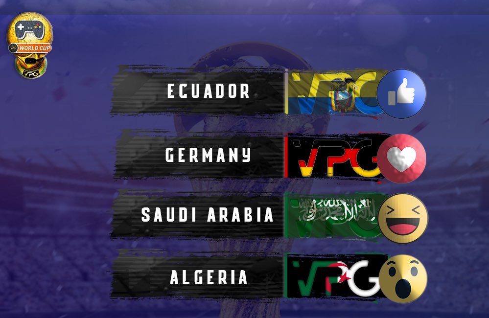 🏆| VPG World Cup: Group 7

Who do you think is going to win this group?
🇪🇨 🇩🇪 🇸🇦 🇩🇿 
<a href="/DeadWarriorX7/">VPGEcuador</a> 
<a href="/VPGDeutschland/">VPG Deutschland</a> 
<a href="/VPGSA/">Saudi Virtual Pro CLUBS</a> 
@VPGAlgeria 

👉🏽 Vote: facebook.com/29083445799893…

#WhereTheChampionsPlay 🌍 #FIFA19 #PS4