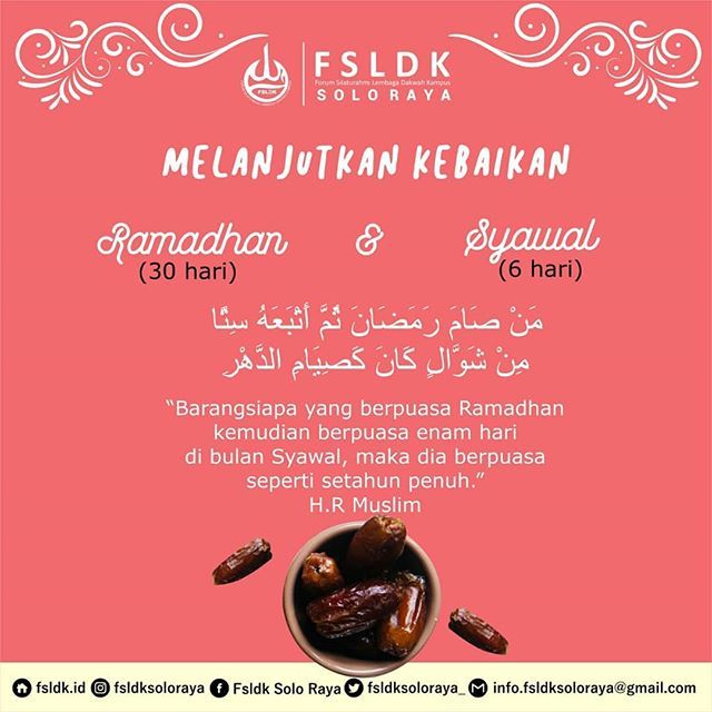 [30 BAIK + 6 SEMPURNA]

Bagaimana kabar lebarannya? Ga lebar-an kan? Kalau ada arah menuju lebar-an, mimin punya solusi nih: puasa syawal!

Tidak harus berpuasa sepanjang tahun agar tidak lebar-an dan mendapat pahala puasa satu tahun penuh. Cukup puasa full di bulan Ramadan …