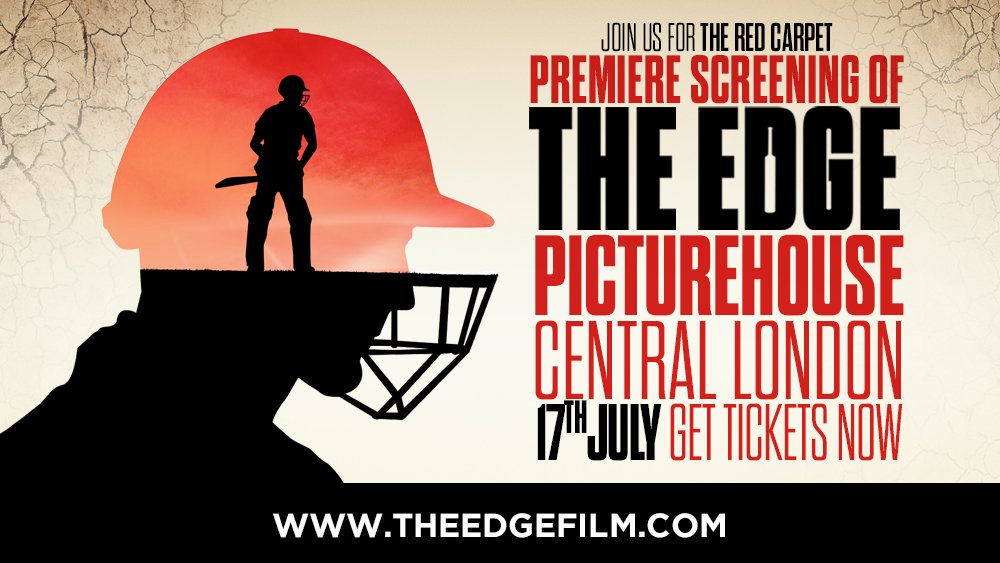 PREMIERE SCREENING OF #TheEdgeFilm 🎬 Join the cricketing cast and celebrity guests on the RED CARPET for the world premiere of The Edge hosted by @gregjames WHERE: Picturehouse, Central London WHEN: Wednesday 17 July 2019 🎟️ For tickets and info 👉 bit.ly/2Z1FkKM