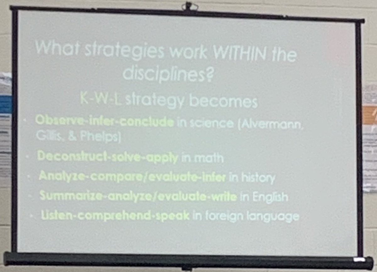 DFlowLeads's tweet photo. “Literacy strategies SHOULD look different according to discipline.”  A great consideration for shifting KWL strategies to core areas &amp; beyond. @RClent @lisa_orr @ketruitt @Sci_HCS @SocialSt_HCS @WorldLang_HCS @Math_HCS @ElaHcs #HCSContentLiteracy #HCS2019Expect https://t.co/6lbau1HMgQ