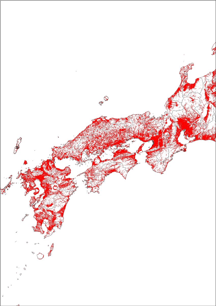 M 小林 1日1地図 この浮かび上がる日本地図 何かわかりますか これは人が住んでいる場所 250ｍメッシュ だけ着色した 日本地図で すなわち白いところには人が住んでいません 北海道の人口密度の低さ 東京の人の多さ 中国地方の満遍なく人がいる