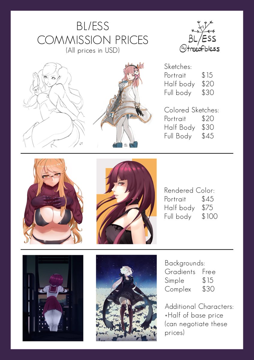 Commissions are open due to sudden financial reasons I wish I had control of.
"Coloured Sketches" option has been added.
My timezone is JST and I work during the day, apologies in advance for any late replies.
Please Twitter DM or Email: treeofbless@gmail.com