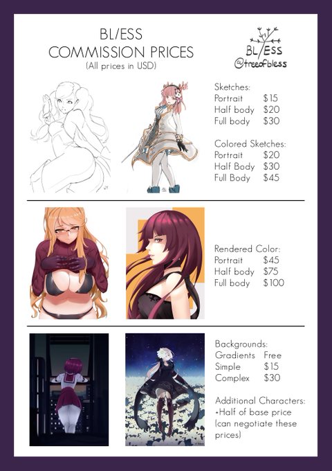 Commissions are open due to sudden financial reasons I wish I had control of.
"Coloured Sketches" option has been added.
My timezone is JST and I work during the day, apologies in advance for any late replies.
Please Twitter DM or Email: treeofbless@gmail.com