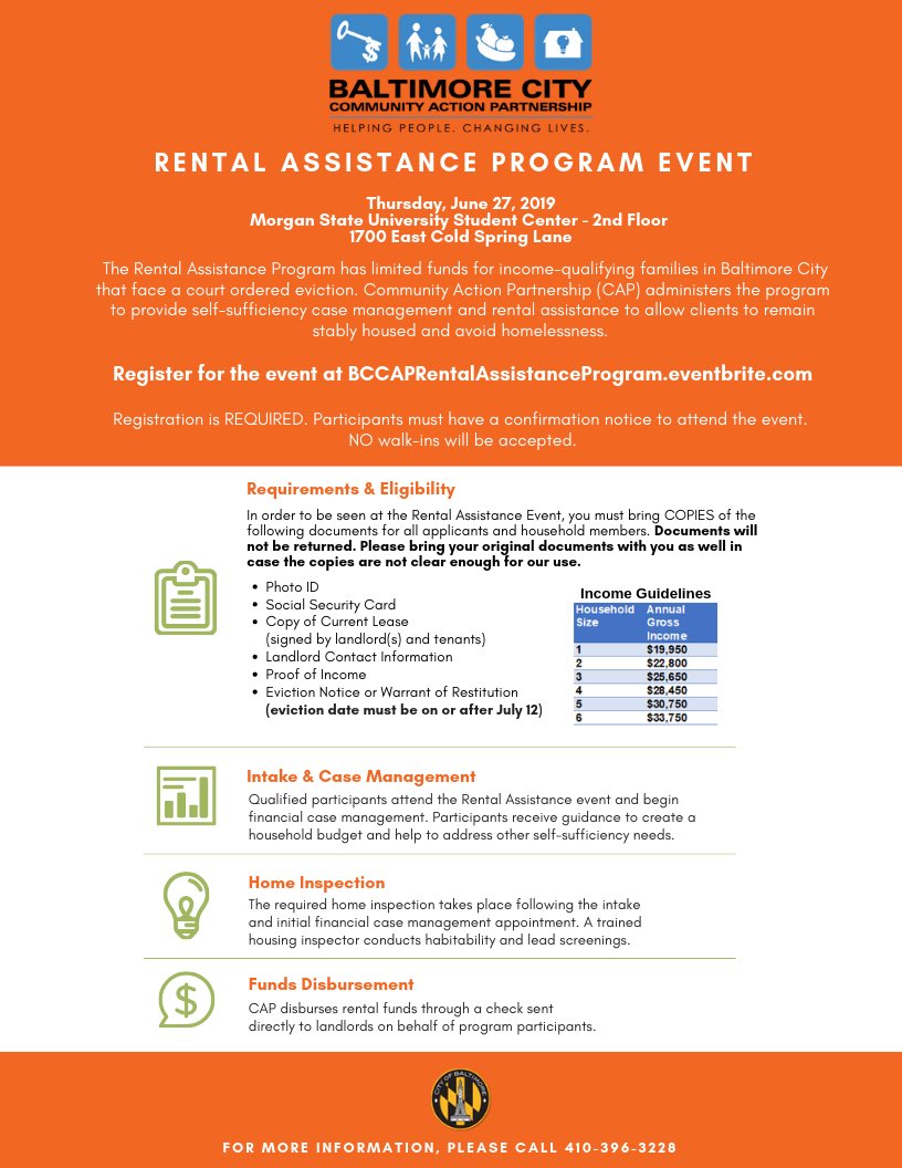 BaltimoreCAP's tweet image. Need help to stop an eviction? Register today to participate in the CAP Rental Assistance Program.
mailchi.mp/9efa5827d2cc/r…