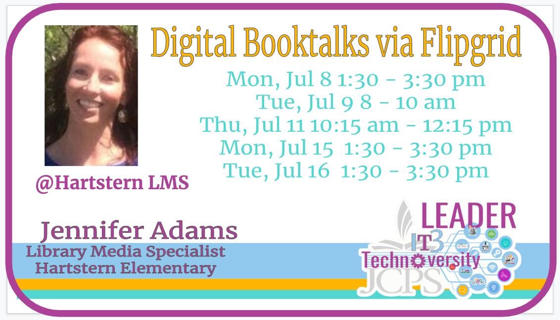 lianeRdattilo's tweet photo. Booktalks and technology go hand in hand, find out more from @HartsternLMS  this July during #Technoversity2019. #WeAreJCPS #JCPSBackpack #leadingfromthelibrary https://t.co/PjRlUbkZic