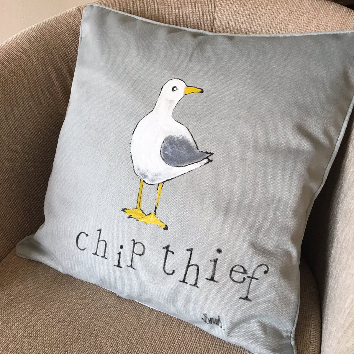 New cushion covers. Hand painted in washable textile paint £20 each, free uk shipping. #seagull #cushion #sussex