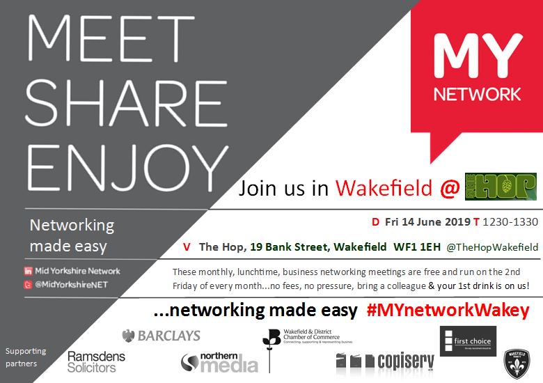 Will you be joining us at the @MidYorkshireNET #MYNetworkWakey next Friday? Come join us tomorrow between 12:30 – 1:30 at <a href="/thehopwakefield/">The Hop</a> #Wakefield for #networking and a cuppa with <a href="/FirstChoiceUK/">First Choice</a> <a href="/northernmediaNM/">Northern Media</a> <a href="/Copiserv_co/">Copiserv Official</a> <a href="/MidYorksChamber/">MidYorkshireChamber</a> and <a href="/Barclays/">Barclays Bank</a>
