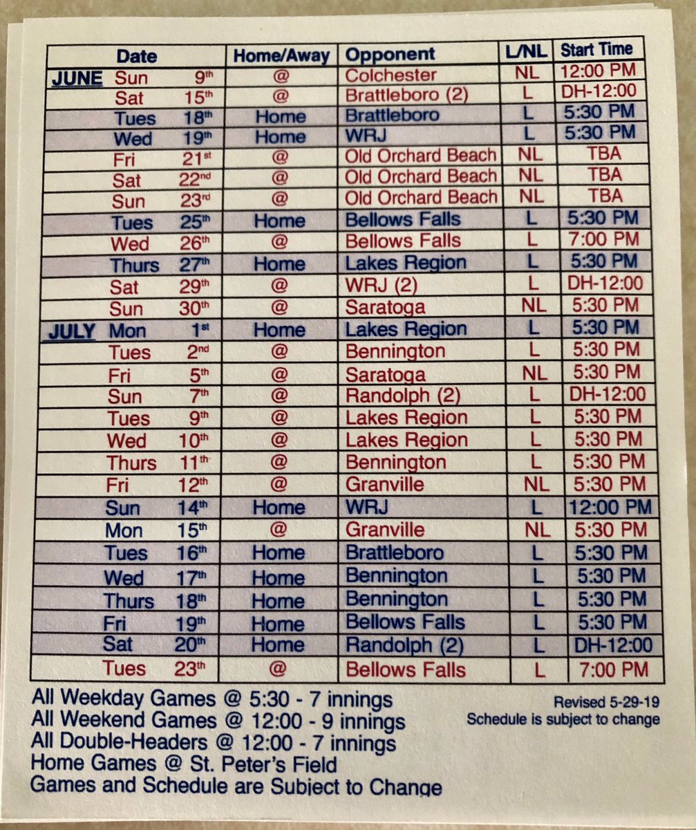 post_31's tweet photo. 2019 Schedule - Season starts off this Saturday with a doubleheader in Brattleboro! #vtlegion https://t.co/j95I5MXxZ1