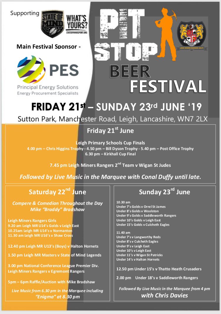 The <a href="/Lmrjuniors/">Leigh Miners Rangers RL Academy</a> Beer Festival starts next Friday. Here’s a full rundown of the weekends events! <a href="/leighminersrl/">Leigh Miners Rangers RL</a> Thanks to main festival sponsor @PES_EnergySave - Top weekend of beer, live music and of course Rugby League in store! <a href="/MickBraddy/">SportingImage Braddy</a>