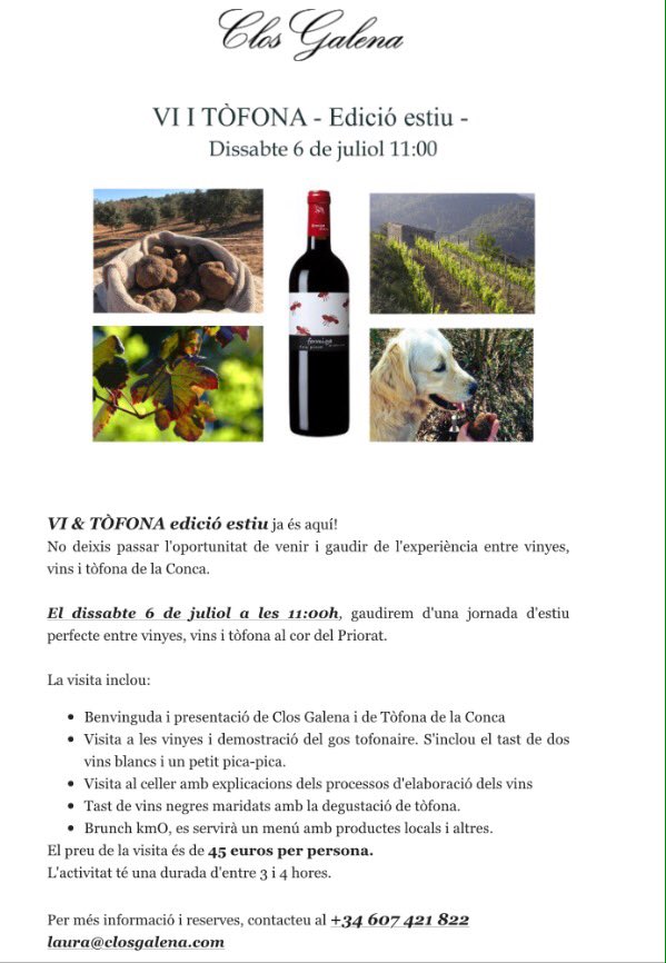 lluistolosa's tweet photo. Vi i tòfona, dissabte 6-juliol @ClosGalena @doqpriorat 
Podreu tastar l'únic #vicatalà seleccionat per servir-lo al sopar dels Premis Nobel #formigadevellut https://t.co/qC1kOMhLt7