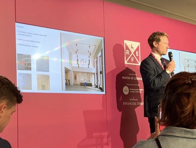exigere's tweet photo. Very interesting presentation from Peter Pulford of @derwentlondon on the #FeatherstoneBuilding at @LREF_.
Another great Derwent scheme and we are proud to be a part of the team. It will deliver further office & retail space near their Old Street campus.
#MakingProjectsHappen https://t.co/3cmsVWdxsn