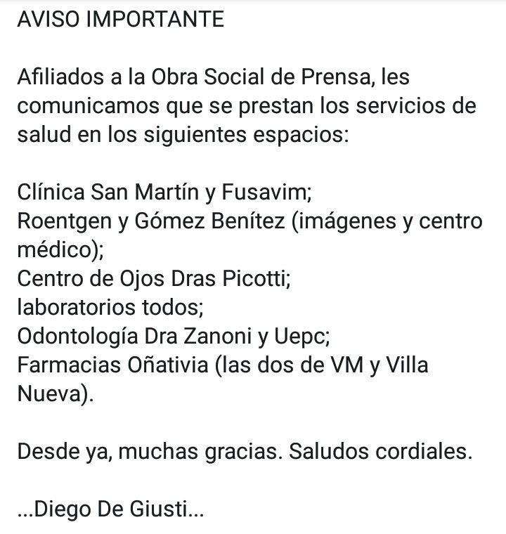 AVISO IMPORTANTE

Afiliados a la Obra Social de Prensa, les comunicamos que se prestan los servicios de salud en los siguientes espacios: