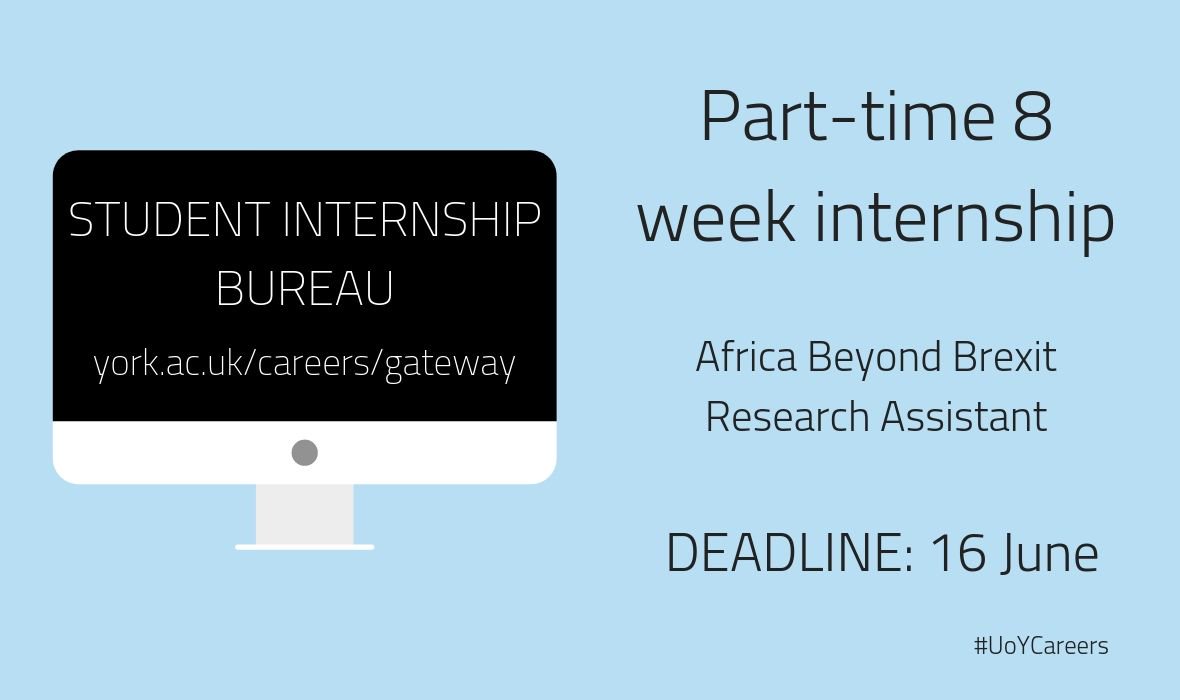 Exciting opportunity for students with a research interest in history or politics of Africa!
Africa Beyond Brexit - PT 8 week internship as a Research Assistant in the Department of Politics starting in August. 
Deadline: 16 June.
For more details go to bit.ly/2KbstTg