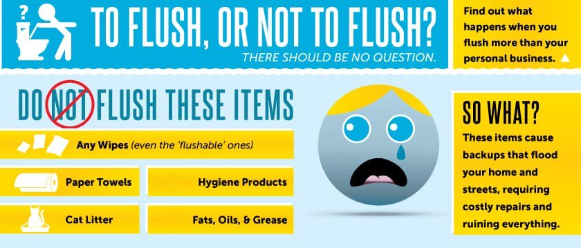 JointMunicipal's tweet photo. We need your help to keep water flowing to and from your home. Don't rush to flush. #TrashIt #Unflushables #AvoidBackups https://t.co/twlSzz1sKV