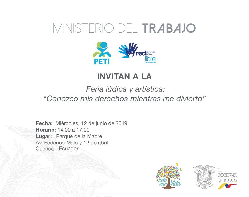 #NoAlTrabajoInfantil
"Conozco mis derechos mientras me divierto"
Acompáñanos este Miércoles 12 de Junio a las 14H00 en el parque de La Madre #Cuenca