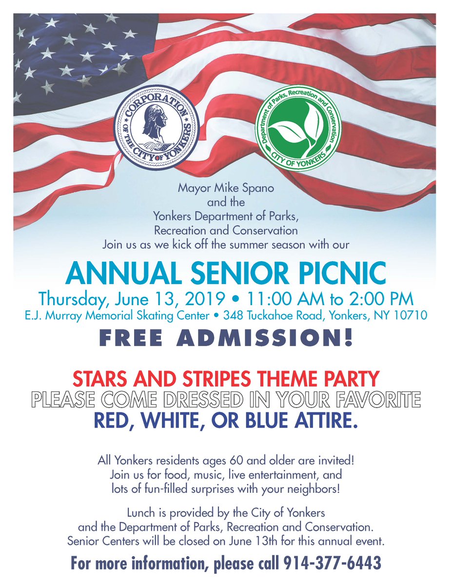 CityofYonkers's tweet image. Seniors, Are You Ready? 
Come dressed in your best red, white and/or blue attire for the Annual Senior Picnic! #SeniorEvents
