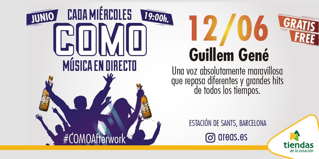 tiendasestacion's tweet photo. ¿No tienes plan para esta tarde? ¡Vuelve #COMOAfterwork a la estación de #BarcelonaSants! Te esperamos 19h. escuchando a #GuillemGenéMusic, una voz que te seducirá con hits de todos los tiempos. @Areas_ES @SmartTravelers_ #tiendasdelaestación #SíguenosYSorpréndete https://t.co/4PYWYweFvA