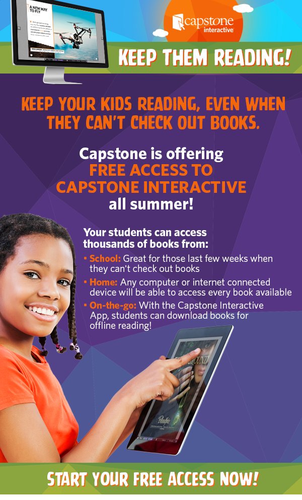 CapstonePub's tweet photo. Back by popular demand! Let's prevent the #summerslide &amp; keep kids reading all summer long with FREE ACCESS to #CapstoneInteractive! Sign up today @ https://t.co/G6ICXY1fSQ #summerreading #kidlit #tlchat #libchat #edchat #futurereadylibs #readtogether #literacy https://t.co/EO9cS78T52