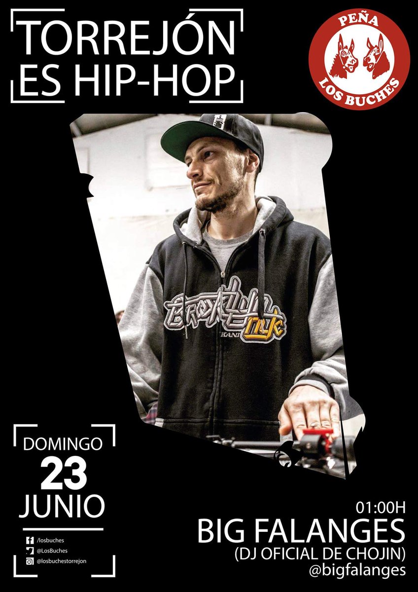 El domingo 23 de 1:00h a cierre @bigfalanges (DJ oficial de CHOJIN) destrozará los platos con una sesión de Hip-Hop que no puedes perderte!! #TorrejonEsHipHop una noche diferente solo por y para vosotros!! #apoyoalaspeñas #fiestastorrejon #FDT2019