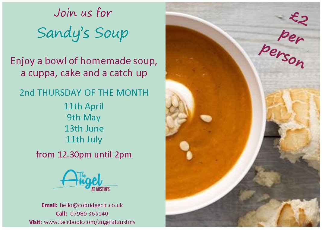 A busy week at The Angel. Humpty Dumpty Club, Family Fun Time, Social Enterprise Hub meeting. Tomorrow is Sandy's Soup. Lentil soup, bread, cakes &amp; a cuppa, along with a friendly welcome, all for just £2. Come and join the fun. Bring a friend.