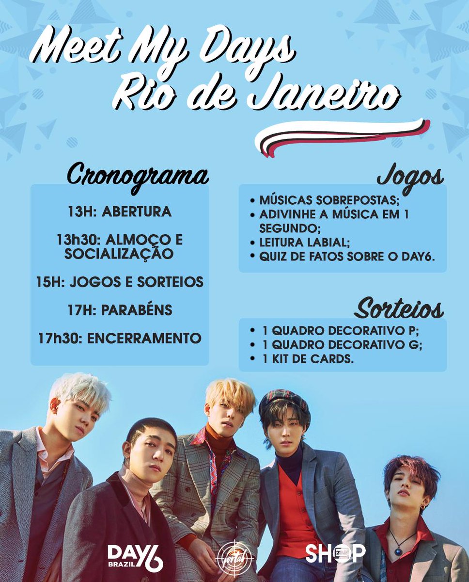 DAY6BRAZIL's tweet photo. [#MEETMYDAYS] Com o encontro se aproximando cada vez mais, estamos liberando pra vocês o cronograma dos eventos! ✨

Pedimos, aos que forem, que PREENCHAM O FORMULÁRIO. O seu número no form será seu número para o sorteio!
RJ: https://t.co/B7jodo0VFO 
SP: https://t.co/cJEIsxdLPS https://t.co/ggfXPOn3Il