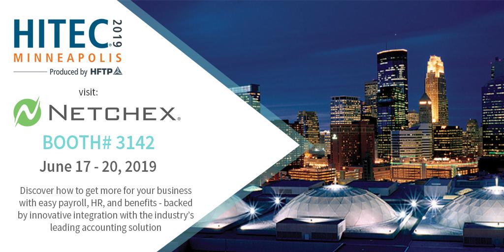 Netchex's tweet image. Headed to #HITEC Minneapolis? Stop by booth #3142 to learn more about #Netchex and how we integrate our complete HCM solution with the industry&apos;s leading accounting platform. #HITEC2019