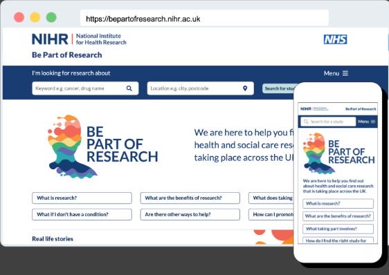 NIHRresearch's tweet photo. “It's bright, colourful and really easy to navigate”. That’s some of the feedback from our new #BePartofResearch website. Find out for yourself: https://t.co/pvVrDWnVYl https://t.co/FqV1cdccCQ