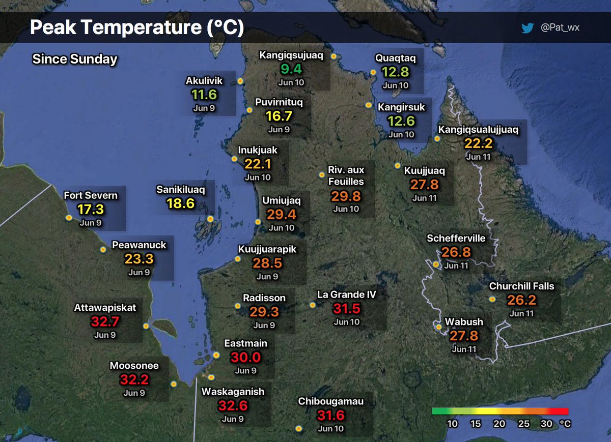Pat_wx's tweet photo. It has been a hot few days in Northern Quebec and the neighbouring regions with above or close to 30ยฐC for many! ๐ฅHere's a summary of the peak temperatures across the area. #MeteoQC #Labrador #NorthernOnt #Nunavik https://t.co/faoYqHnPr3