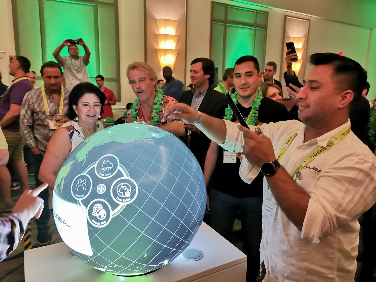 AVMag's tweet photo. .@GPA_AV unveiled this stunning interactive globe created by @HeyPufferfish to demonstrate their global reach. It's fair to say it was a hit with the guests at last night's party! #InfoComm19 #AVTweeps #Technology https://t.co/pYUsTM1xmV