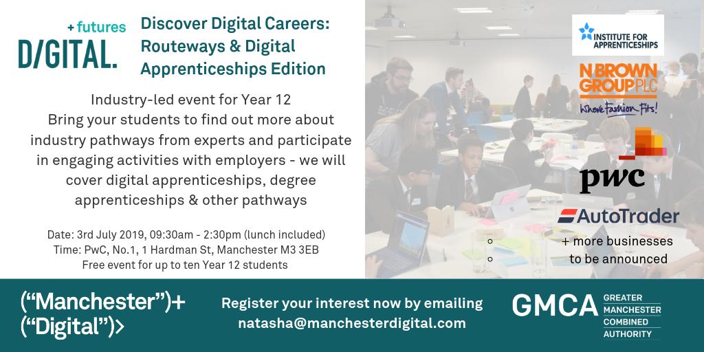 EmmaMcrDig's tweet image. Calling all #GM #colleges #sixthforms #FE - do your students want to discover digital apprenticeship pathways at all levels? Book now to attend our FREE industry-led event #GMDigitalSkills @bridge_gm @GMCollegesGroup @greatermcr @GMDigitalSkills @tesfenews
