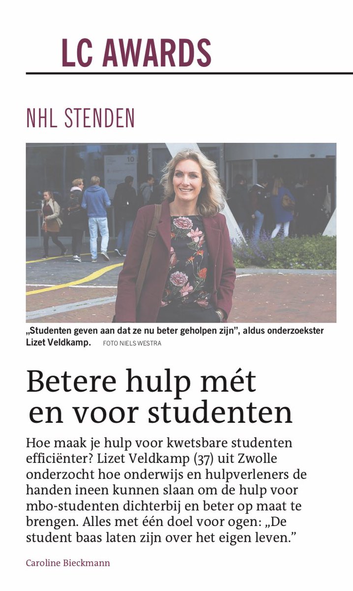 Vanavond is de uitreiking van de prestigieuze LC-award!De Leeuwarder Courant biedt hiermee een podium voor bijzondere innovatieve projecten van het Friese mbo,hbo &amp; wo onderwijs. Namens de <a href="/nhlstenden/">NHL Stenden</a> master Pedagogiek, ben ik genomineerd. Dat belooft een mooie avond bij <a href="/lc_nl/">Leeuwarder Courant</a>