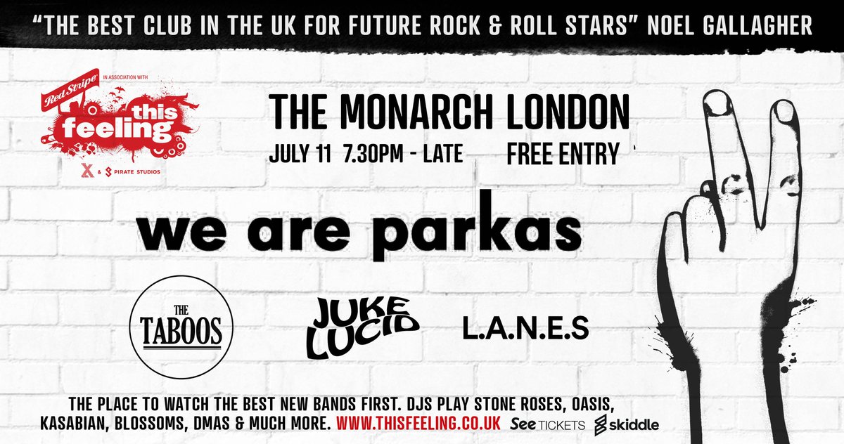 This Feeling (@this_feeling) on Twitter photo #JustAnnounced <a href="/we_are_parkas/">PARKAS</a> <a href="/TheTaboosBand/">The Taboos</a> <a href="/jukelucid/">JUKE LUCID 🌴</a> + <a href="/lanesbanduk/">L.A.N.E.S</a> <a href="/camdenmonarch/">The Monarch</a> July 11
Free entry #JustAnnounced <a href="/we_are_parkas/">PARKAS</a> <a href="/TheTaboosBand/">The Taboos</a> <a href="/jukelucid/">JUKE LUCID 🌴</a> + <a href="/lanesbanduk/">L.A.N.E.S</a> <a href="/camdenmonarch/">The Monarch</a> July 11
Free entry