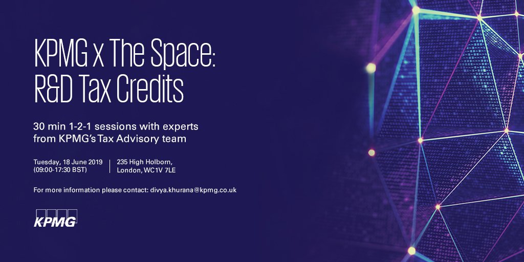 On Tuesday 18th June <a href="/kpmguk/">KPMG UK</a> will be hosting 1-2-1 sessions, with experts from KPMG’s Tax Advisory team, supporting and guiding entrepreneurs on all things R&amp;D.

To register and find out more click here: eventbrite.co.uk/e/kpmg-x-the-s…