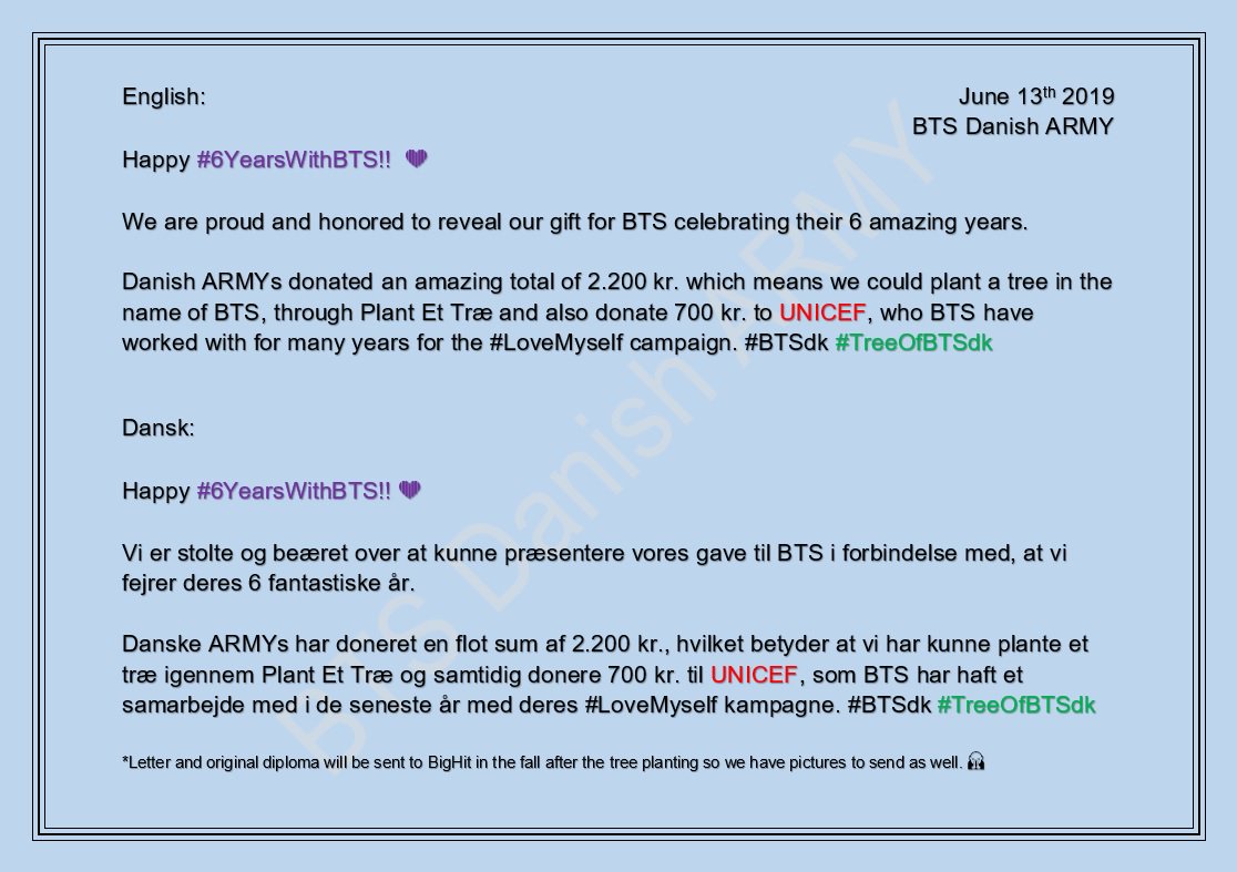btsdanisharmy's tweet photo. HAPPY BIRTHDAY TO OUR AMAZING @BTS_TWT! 🥳🥳 #6YearsWithBTS 

Danish ARMYs donated a tree in the name of BTS, through Danish organization @Plant_et_trae &amp; also 700 kr. to @UNICEFDK. 🙏🇩🇰
 
We couldn't be prouder of BTS &amp; ARMY! 💜💜#BTSdk #TreeOfBTSdk #TillykkeMedFødselsdagenBTS https://t.co/wV2nQDxPox