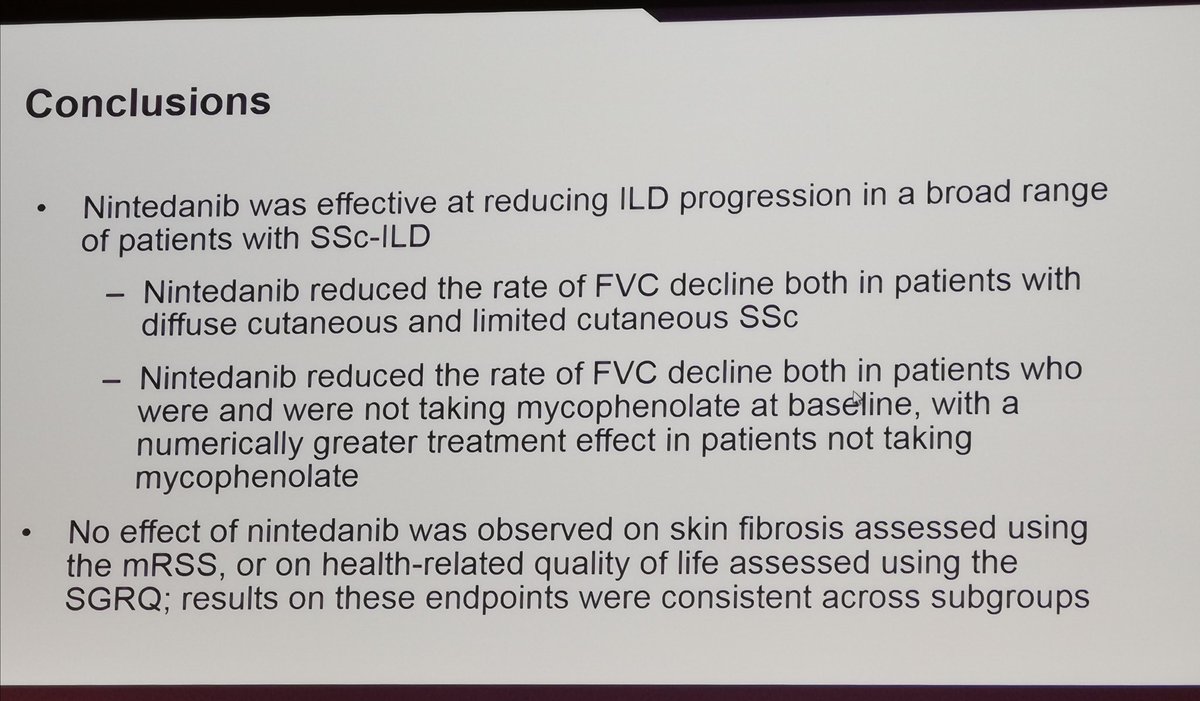 Nellziade's tweet photo. #Nintedanib in #Systemic_Sclerosis : effective at reducing #ILD progression but not on #skin fibrosis
By Dr Oliver Distler 
#EULAR2019 #Madrid https://t.co/9axd9DrEpU