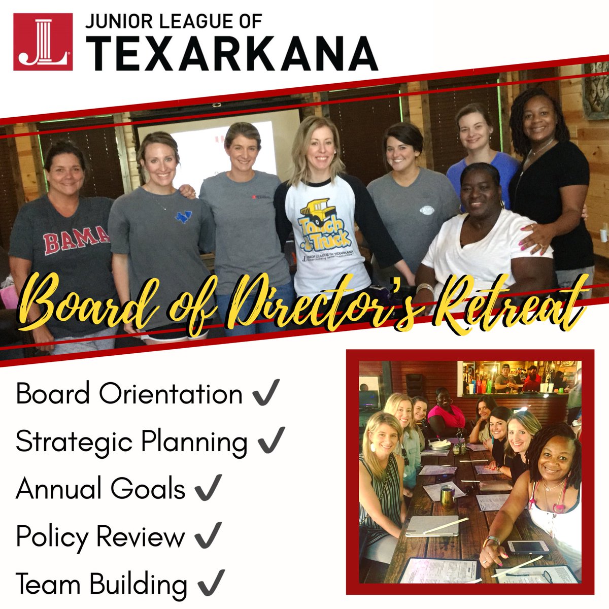 JLTexarkana's tweet photo. JLT’s Board of Directors met last weekend in preparation for the busy year ahead. Strategic planning and goal setting were prioritized, and the Board looks forward to sharing this information with the membership. #JLTexarkana #JLTraining https://t.co/7SfFVOFiPY