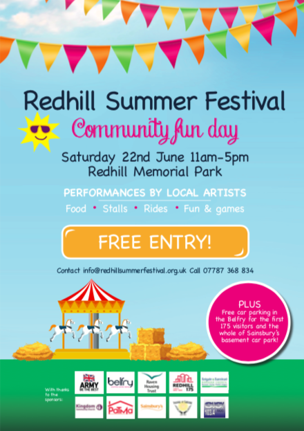 redhill175's tweet photo. Join us this Saturday at Redhill Memorial Park for local community fun day: Redhill Summer Festival.
We'll be sharing a stall with @RedhillGuild &amp; @BelfryShopping &amp; joining in the fun &amp; games.
Come &amp; say hello: entry is free
#Redhill #RedhillSummerFestival 🎪🧁☀️ https://t.co/PQNWWbCPaG