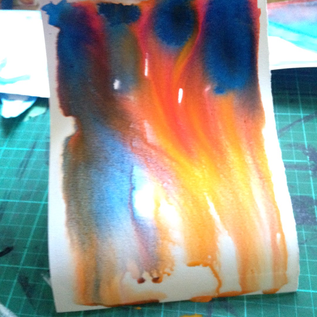 When I discovered #FrankBowling ‘s work, I was captivated by his way of using paint &amp; colour, particularly in his poured paintings. 
So before starting to illustrate the pages, I wanted to see how I could get closer to his work, using my watercolour technique. #experiments