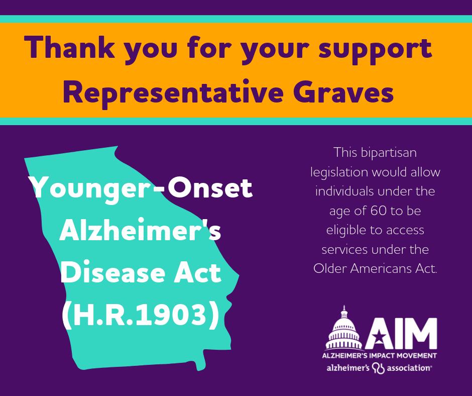 AlzGA's tweet photo. Thank you for your support @RepTomGraves for those living with younger-onset dementia! #EndAlzheimers https://t.co/saUKcye3YM