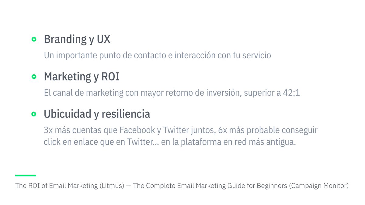 Por qué hablé de email?

— Branding y UX: Importante punto de contacto e interacción con tu marca y servicio
— Marketing: El canal con mayor retorno de inversión, superior a 42:1
— Ubicuidad y resiliencia

Y porque como cualquier reto de diseño o técnico, NO es fácil hacerlo bien