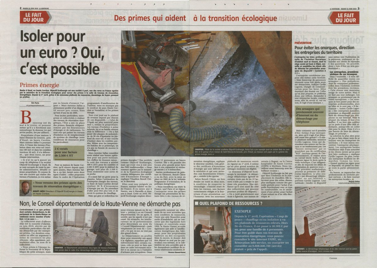 OEE_France's tweet photo. Dossier dans @lamontagne_fr sur l'#isolation à #UnEuro, notre entreprise @OEE_France et nos équipes d'EcoValoris (filiale de @OEE_France) spécialisées dans l'isolation de #combles et #plancher. Merci à @EricPorte19 pour son article et ses photos &amp; M. Sallas pour son témoignage https://t.co/gjSx4GhZh5