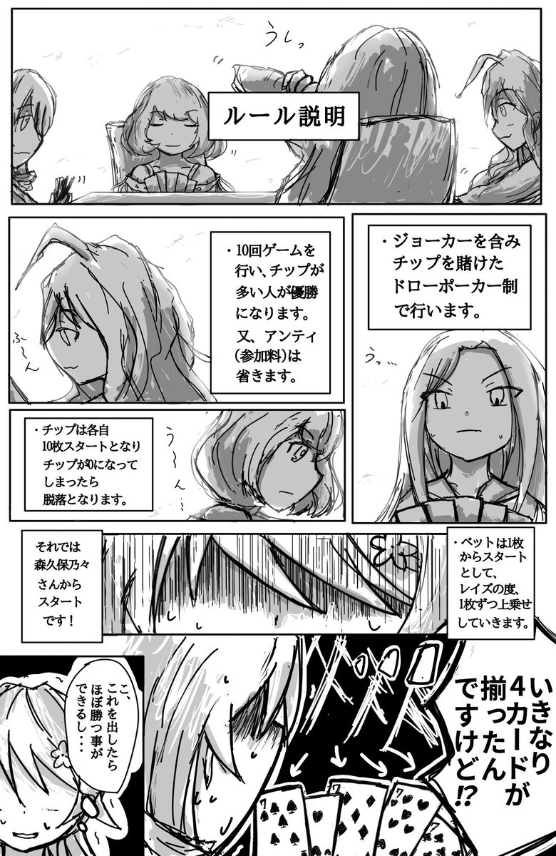 昔描いたアイドル4人がポーカーをする話です #高垣楓 #向井拓海 #一ノ瀬志希 #森久保乃々 